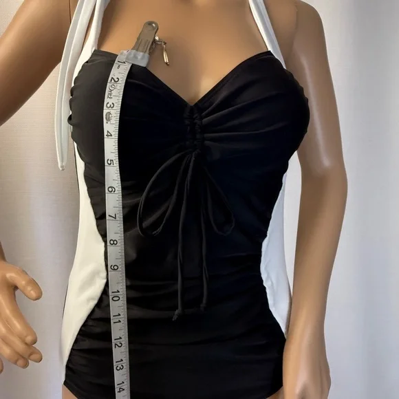 Musemaker Halter Swimsuit Black White Ruched One Piece Size M NWT-Free Look - Picture 3 of 5